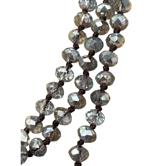 Long Strand Glass Faceted Bead Necklace Clear Silver Knotted 60" No Clasp - Picture 2 of 3